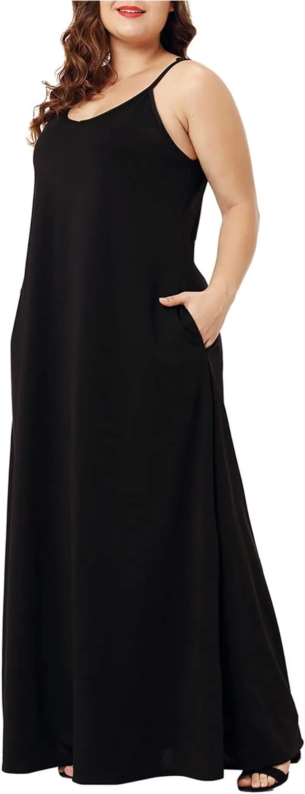 Butterfly Black Womens Casual Sleeveless Plus Size Loose Plain Long Maxi Dress with Pockets - Wolddress