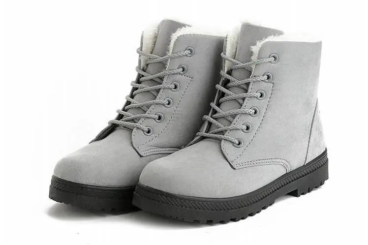 Fur lining lace-up snow boots suede non-slip winter boots for women warm short boots combat boots